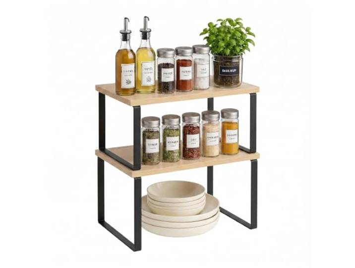 Relaxdays Étagère à épices\, Lot de 2\, Naturel-Noir Étagère de cuisine\, armoire et plan de travail ; porte-épices empilables ; MDF et fer