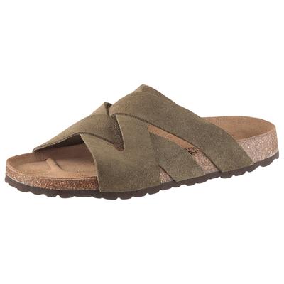 Pantolette MAN'S WORLD, Herren, Gr. 42, grün (olivgrün), Veloursleder, Schuhe Pantolette, Schlappen, Sommerschuh, Hausschuh mit vorgeformtem Fußbett