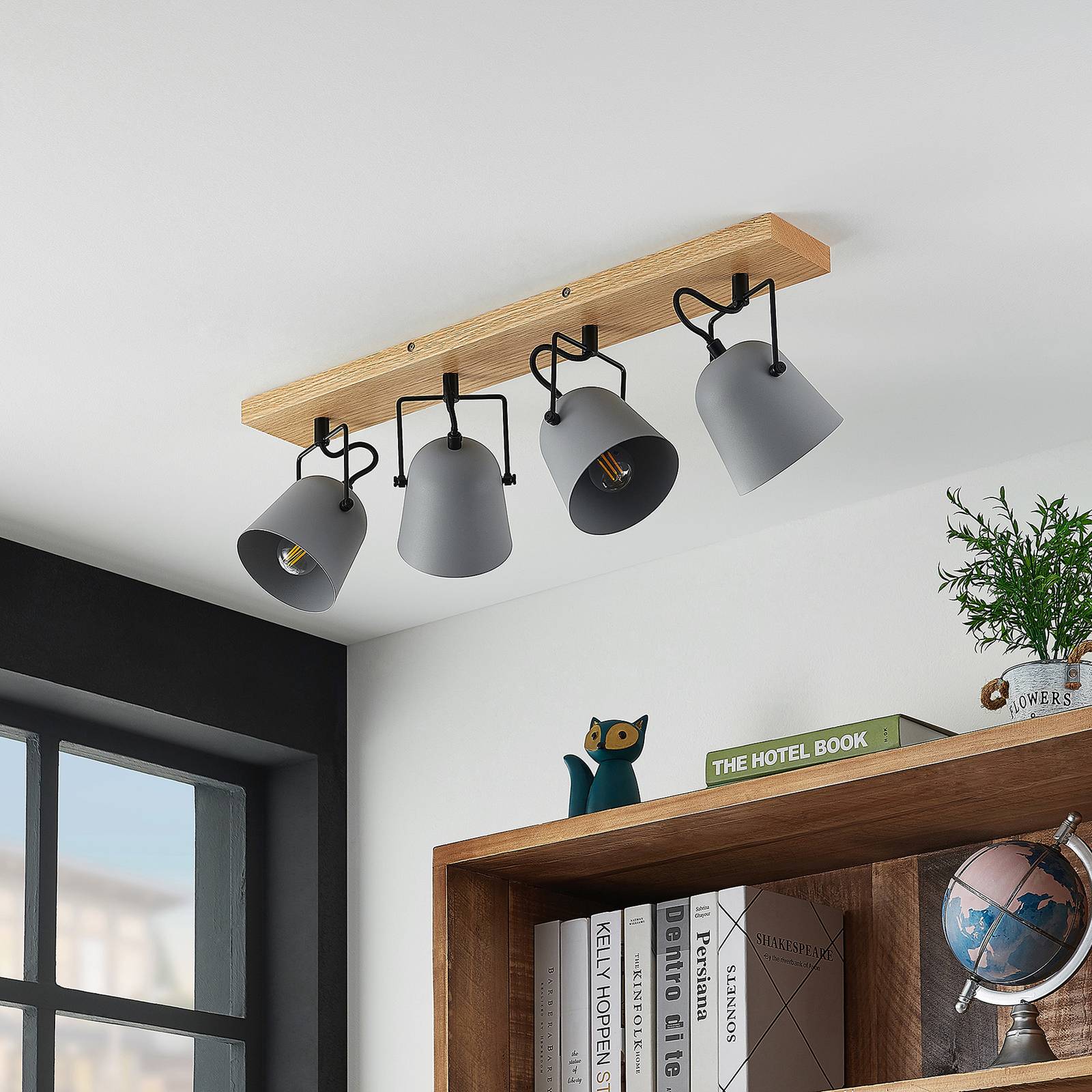 Lindby Adalin Deckenleuchte, vierflammig, grau Lindby, dimmbar, Holz hell, für Wohn- / Esszimmer, Holz, Modern, Strahler