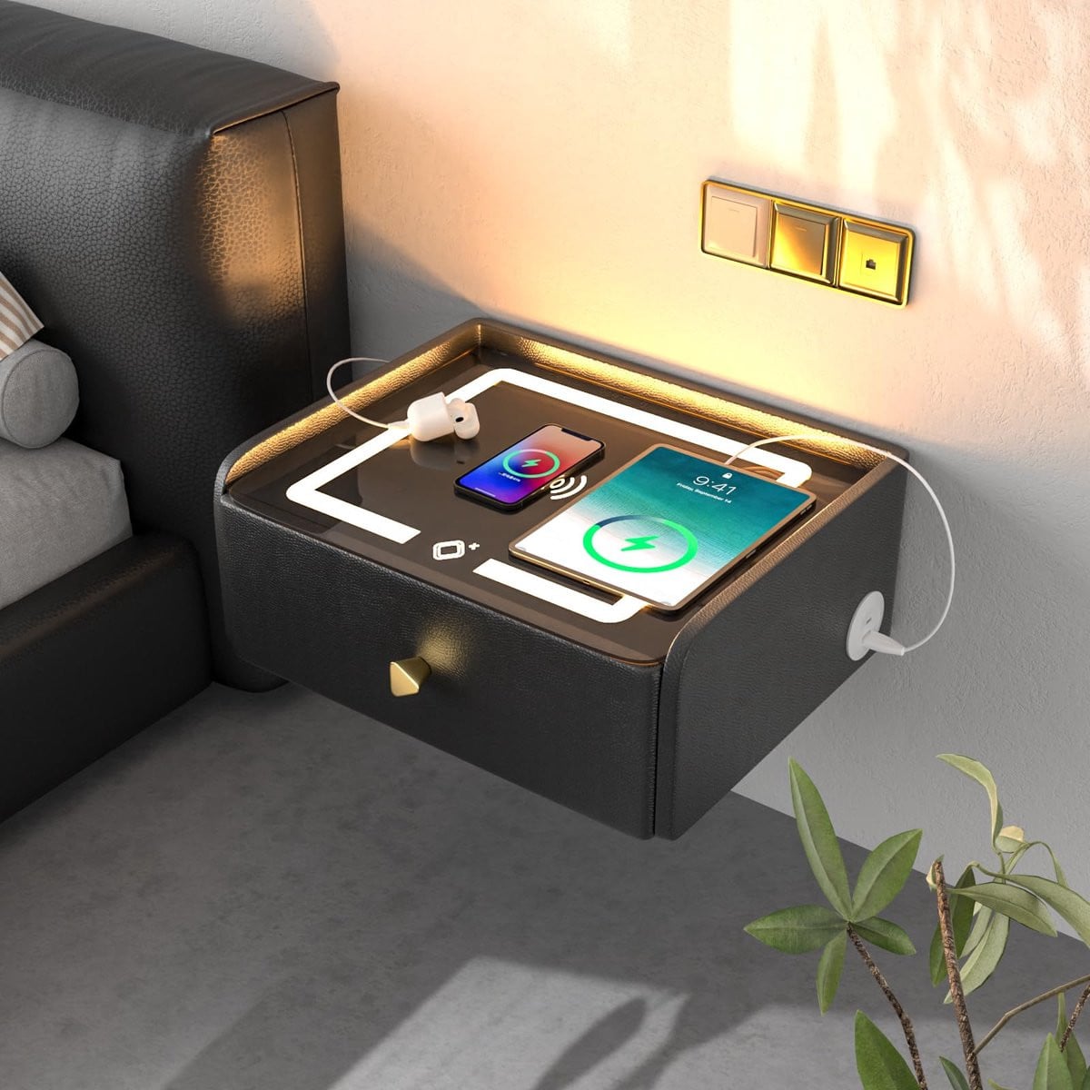Modern zwart hangend nachtkastje met lade en geïntegreerde verlichting
