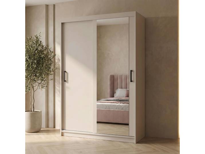 BEAUTYSOFA Schwebetürenschrank HELA 100 cm Kaschmir – 2-türig Moderner Kleiderschrank mit Spiegel, Schiebetüren und Schubladencontainer