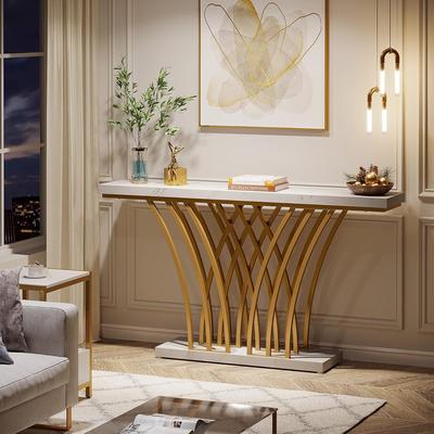 Jiallo "59"" White & Gold Faux Marble Console Table, Modern Narrow Entryway Table with Grid Base for Living Room or Foyer"