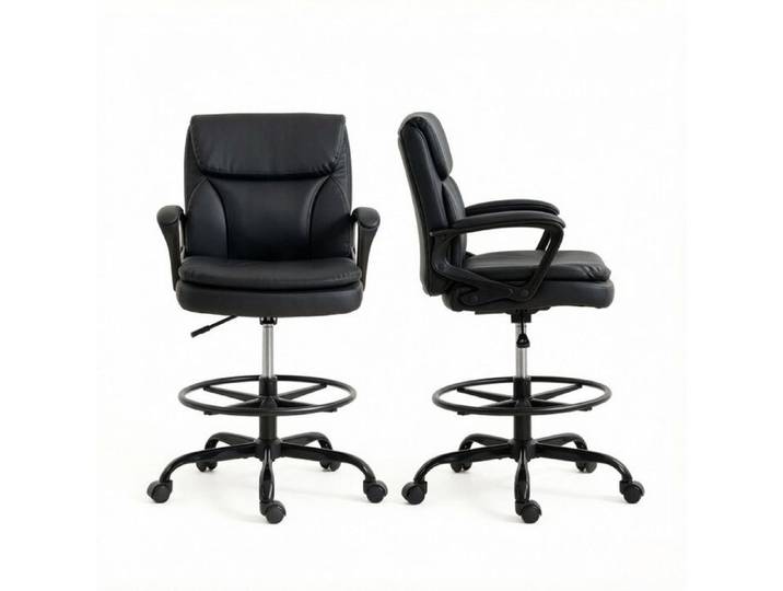 Chaise de Bureau Haute Ergonomique Noire Siège Réglable 54-69cm avec Repose-Pieds Base Métal Pivotante 360° pour Bar et Dessin