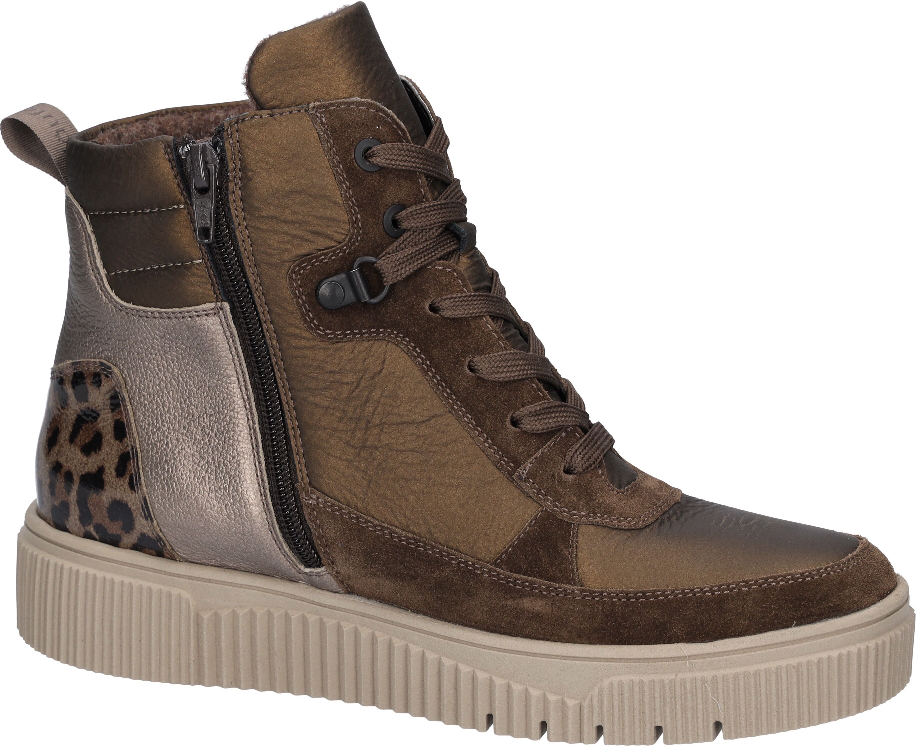 Schnürboots WALDLÄUFER "K-SANSA", Damen, Gr. 8,5 (42,5), wärmend, braun (braun, bronzefarben, leo), Lackleder, Nubukleder, Veloursleder, unifarben mit Farbeinsätzen, Schuhe Schnürboots, Schnürstiefelette, Komfortschuh in Extraweite K braun, bronzefarben, 