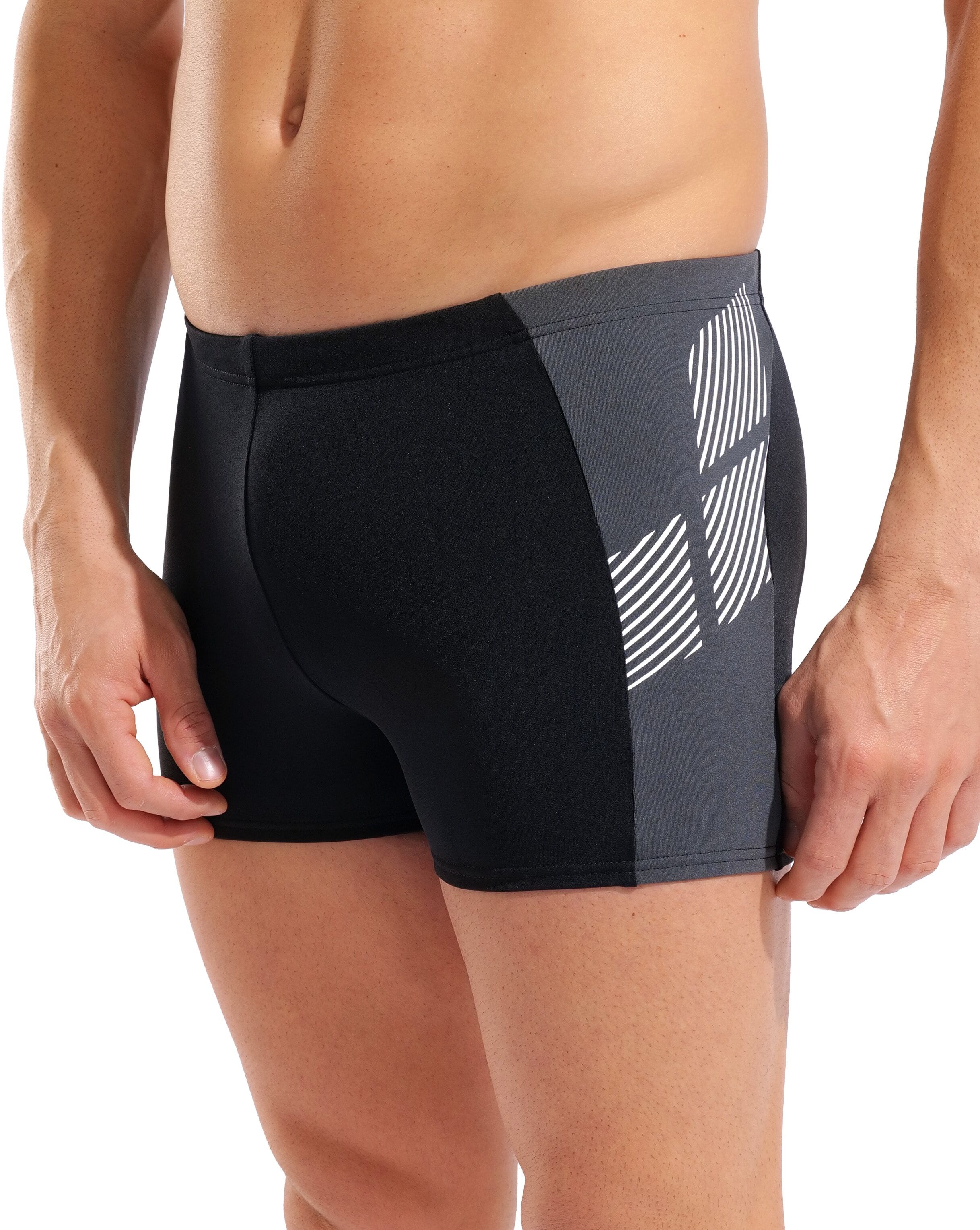 Badeshorts ARENA "M ARENA PRINTED SPLICE SWIM SHORT", Herren, Gr. 5, N-Gr, schwarz (schwarz, asphalt), Obermaterial: 100% Polyester, Badehosen Badeshorts, für Wettkampfschwimmer und regelmässige Schwimmer, schnelltrocknend schwarz, asphalt 5, N-Gr