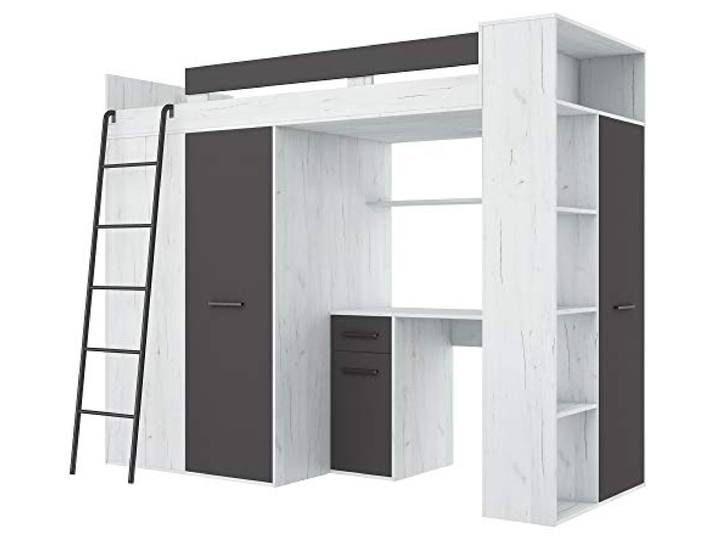 BIM Furniture Hochbett Etagenbett Entresole VERANA L Bett 190x90 cm mit Treppen Kleiderschrank Regal Schreibtisch Kinder Möbel Set Linke Seite (Craft weiß/Graphit)