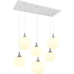 Pendellampe weiß verchromt Hängeleuchte Esszimmer Esstischleuchte Glasschirme opal, Metall, 6x E27 Fassungen, LxBxH 86x42x120 cm