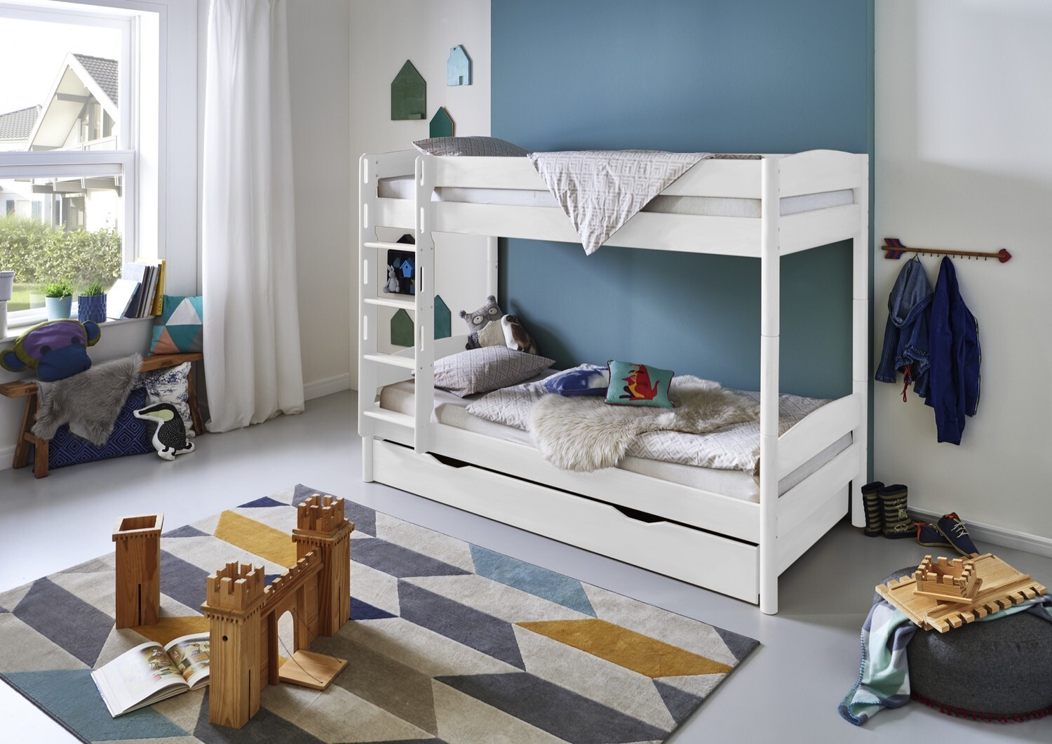 Etagenbett Michelle 90x200 cm Buche Weiß lackiert mit Schublade
