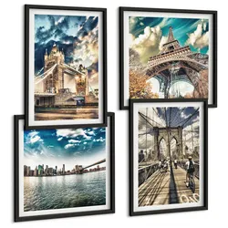 BILDER SET 4er Set - 50x50 cm & 40x60 cm Schwarzer Rahmen - Turmbrücken in europäischen Städten