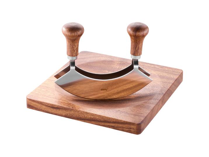 Gefu Wiegemesser & Schneidebrett - Farbe: silber / braun - Material: Edelstahl, Walnussholz - Wiegemesser