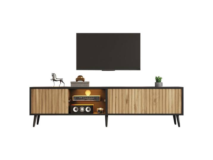 Evryae Lowboard mit LED-Beleuchtung, breiter Ablage für große TVs, Glasfächer, Schwarz, Standardgröße, Naturfarben, 1 Fächer, Rechteckig,Rechteckig, Rundrohr, 175x43.5x31 cm, Wohnzimmer, TV Möbel, Lowboards, Lowboards stehend