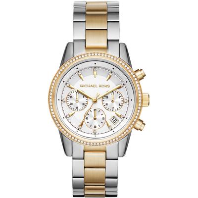 Chronograph MICHAEL KORS "BRYANT", silber (silberfarben, goldfarben, silberfarben), Armbanduhren, Damen, silberfarben-goldfarben, Chronograph, Quarzuhr, Armbanduhr, Damenuhr, Stoppfunktion, Edelstahlarmband