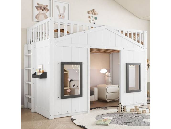 Lit superpose Lit enfant avec fenêtre Lit inférieur gratuit Blanc Avec escalier Lit double Avec casier et grille
