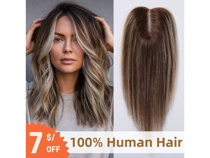 Cheveux humains blonds mélangés bruns, partie centrale, 100% cheveux humains Remy, Base en dentelle lisse, postiches pour femmes, perte de cheveux