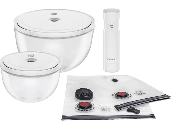 Aufbewahrungssystem ZWILLING Fresh & Save BOWLS , weiß (transparent, weiß), Glas, Lebensmittelaufbewahrungsbehälter, Aufbewahrungssystem, Vakuum Starter Set, Glas / M/L, 9-tlg.