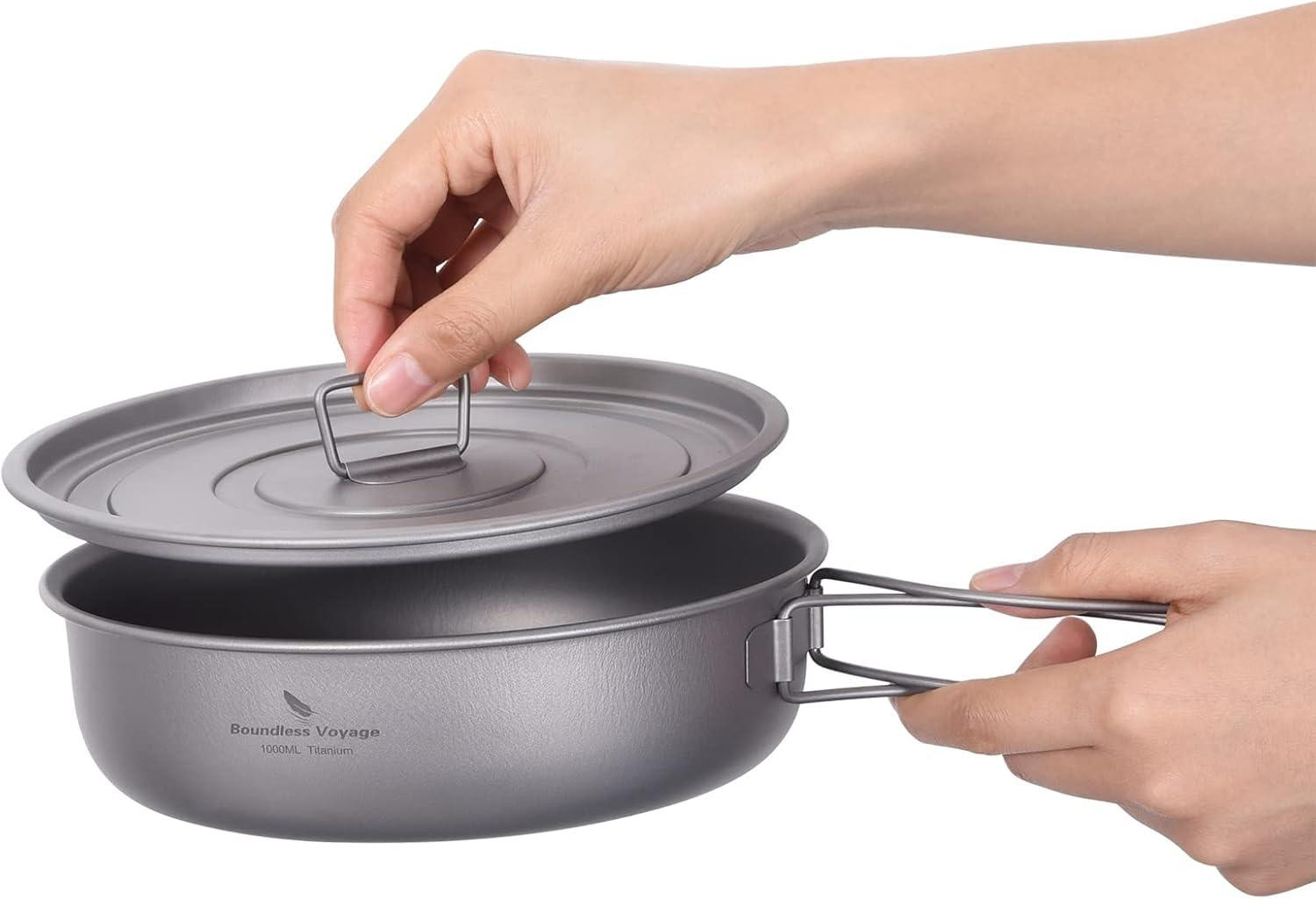Merkloze titanium koekenpan van 19 cm met deksel en opvouwbare handgreep, 1000 ml, ideaal voor hiken