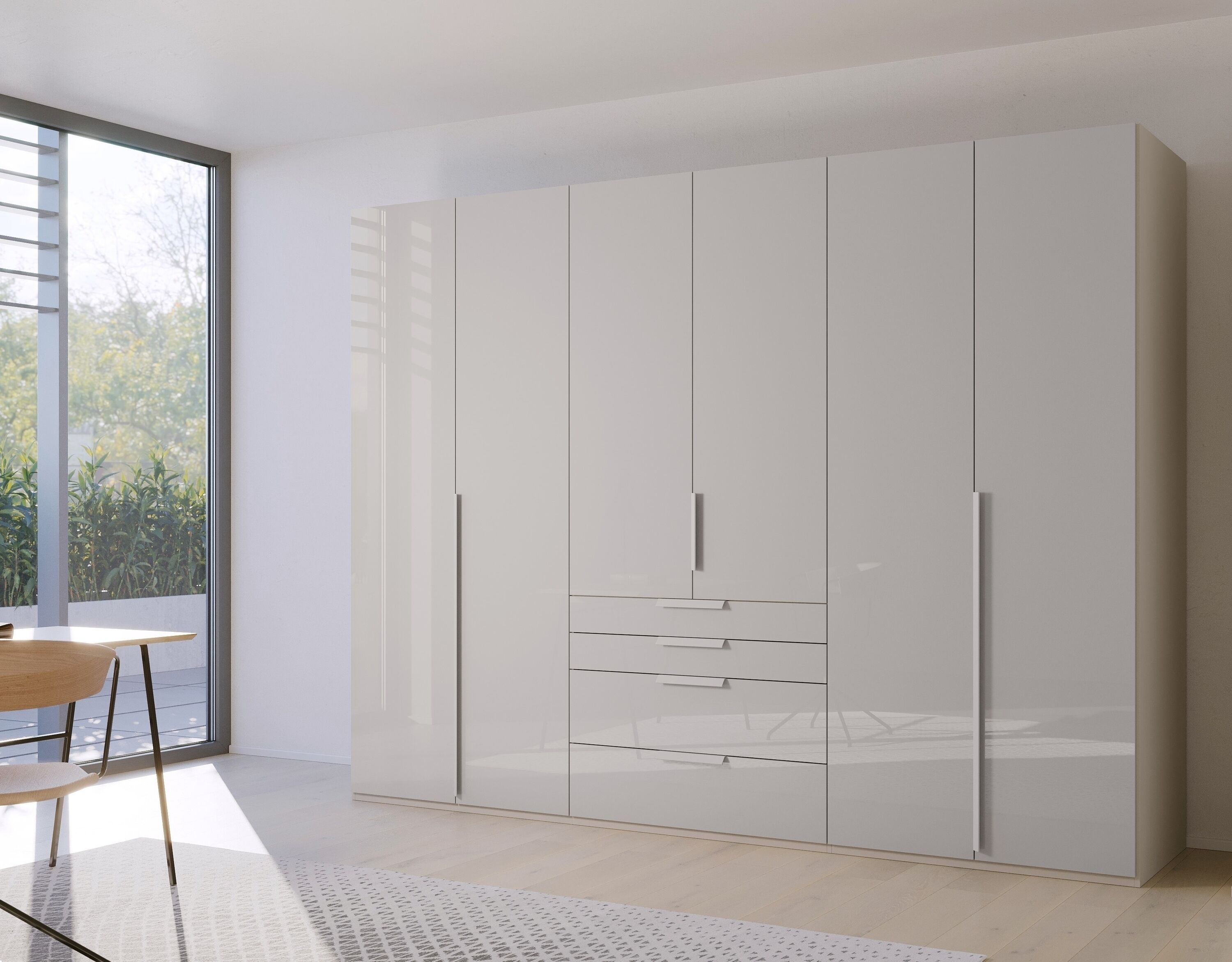 Drehtürenschrank RAUCH "Kleiderschrank Schrank Garderobe Wäscheschrank PURISMA Glasfront", grau (seidengrau, glas seidengrau), B:301cm H:223cm T:60cm, Holzwerkstoff, Schränke, Drehtürenschrank, mit Schubladen und umfangreichem Zubehör MADE IN GERMANY seid