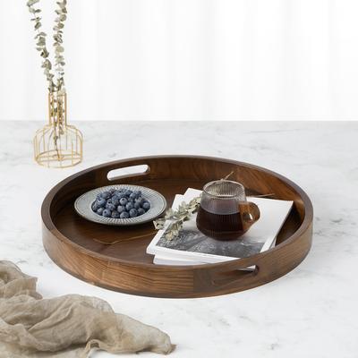 KINWELL Round Black Walnut Wood Serving Tray Ottoman Tray with Handles