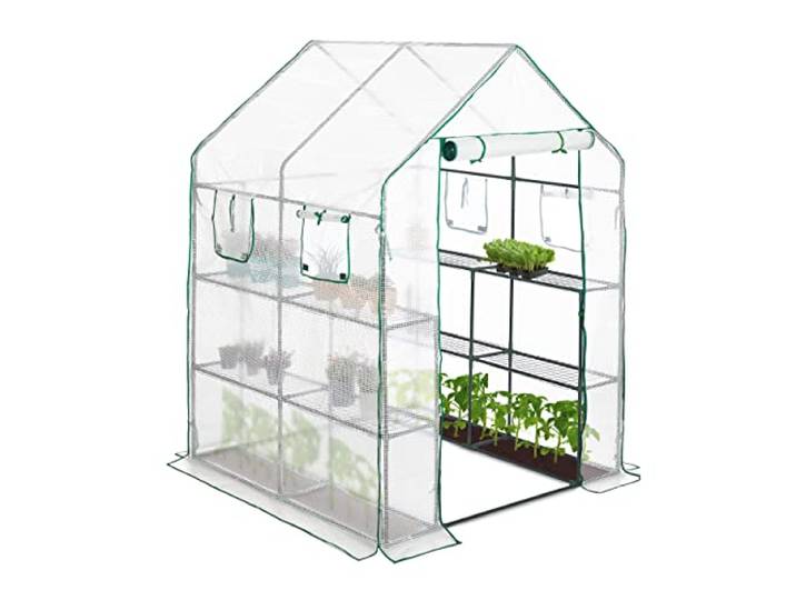 Relaxdays Serre de Jardin 4 fenêtres Serre tomates 2m² 2 étagères Tunnel Tente Plantes HxlxP: 190x140x140cm\, Transparent
