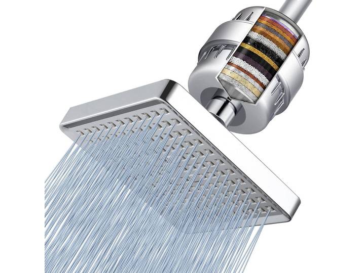 Duschkopf-Set mit 23-stufigem Filter, Hochdruck-Regenduschkopf 15cm Quadratisch Chrom