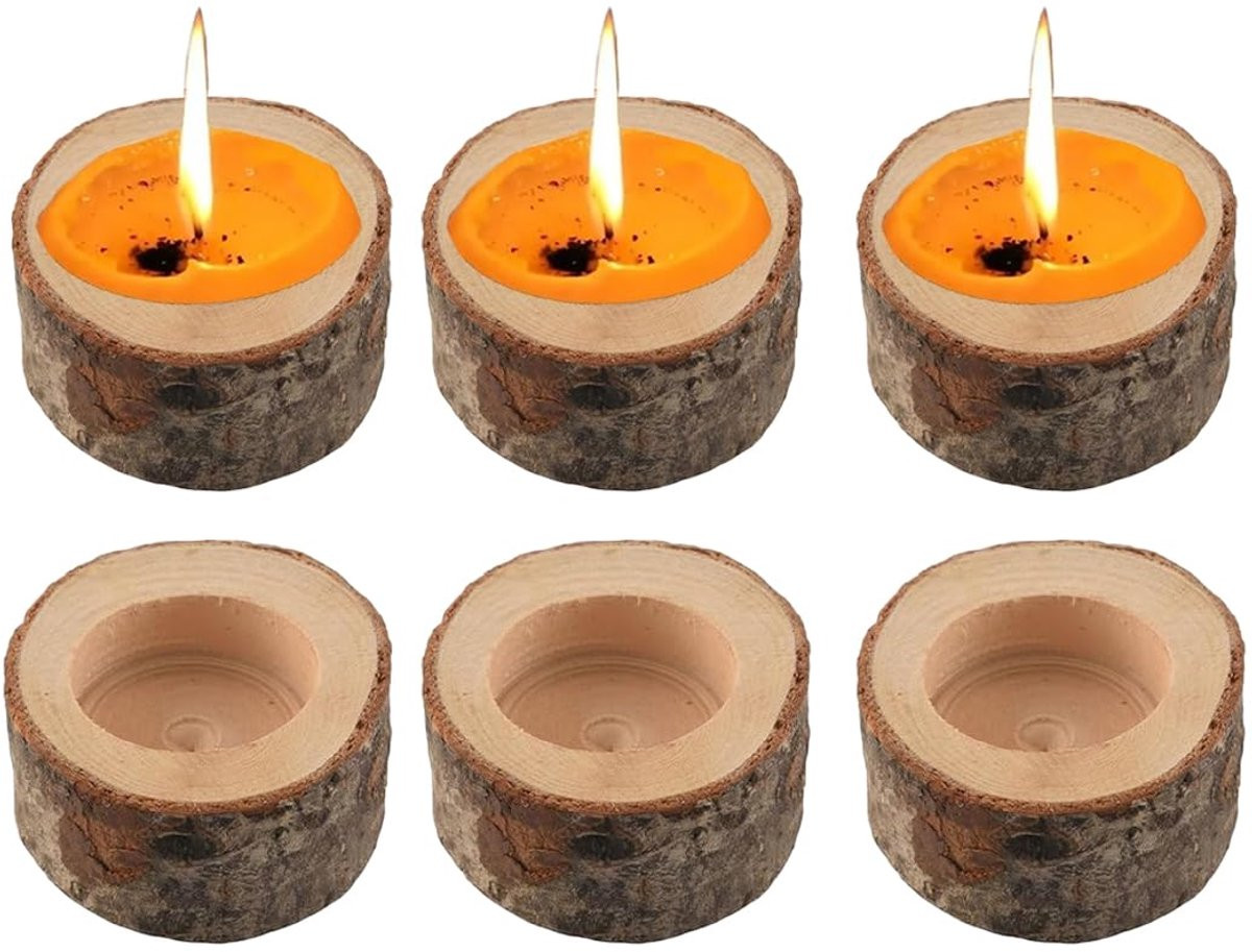 Set van 6 rustieke tealighthouders van natuurlijk hout met schors