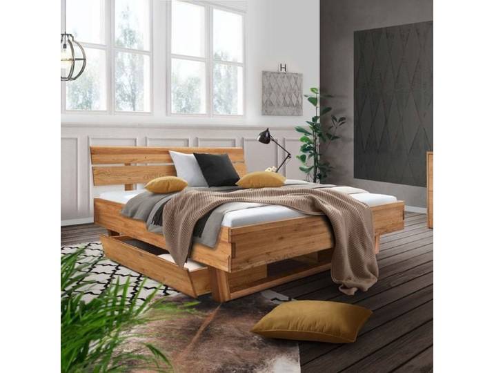 Bett Inula Komfort Wildeiche Massivholz mit Schubkasten 200x200cm höhenverstellbar
