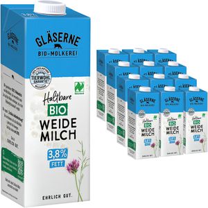 Gläserne-Molkerei Milch H-Weidemilch, Fettgehalt 3,8%, BIO, ultrahocherhitzt & homogenisiert, 12x 1 Liter