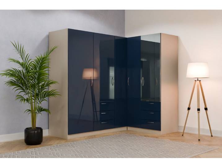 Eckkleiderschrank nach Maß - RAL 5003 Saphirblau - B220xB90xH200cm - Individuell konfigurieren
