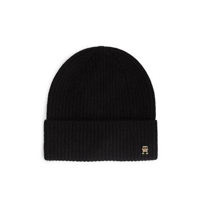 Beanie TOMMY HILFIGER "CASHMERE BEANIE", Damen, schwarz, Strick, Kaschmir, unifarben, Mützen Beanie, Regular fit mit Markenlogoemblem
