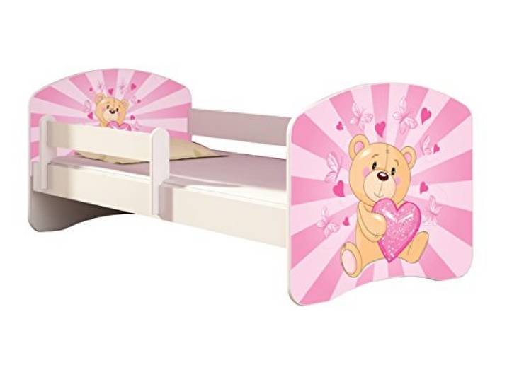 ACMA Kinderbett 160x80 Jugendbett mit Matratze, Rausfallschutz, Lattenrost Weiß, stabil, Kinderzimmer Bett, Jugendmöbel Design 10 Teddybär