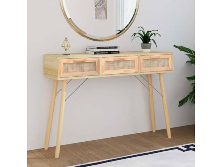 HEFZGDB Konsolentisch Braun 105x30x75 cm Massivholz Kiefer Natur-Rattan mit 3 Schubladen Stauraum, Stabile Tischplatte für Deko, Langlebiges Holzwerkstoff, Flurtisch für Wohnzimmer
