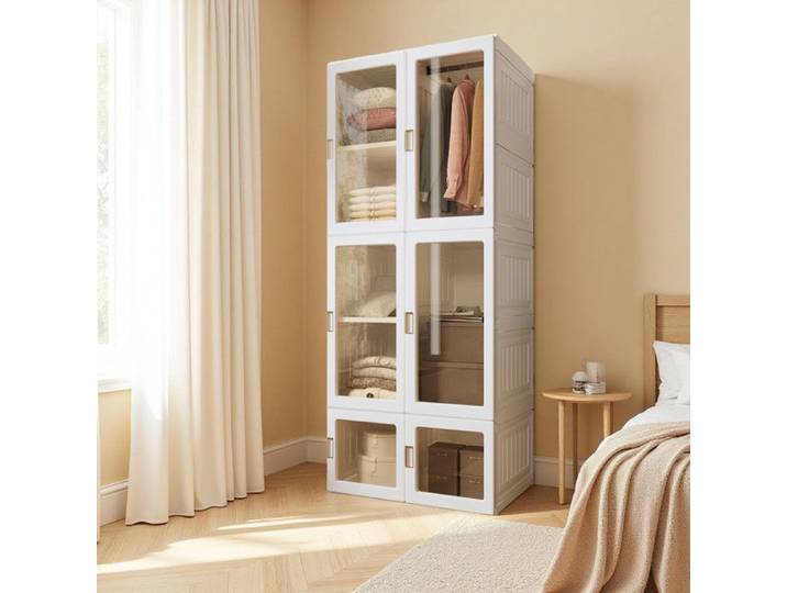 Armoire transparente 10 compartiments 6 portes 120x50x180cm tringle 6 tiroirs PP PET blanc – Rangement chambre design moderne