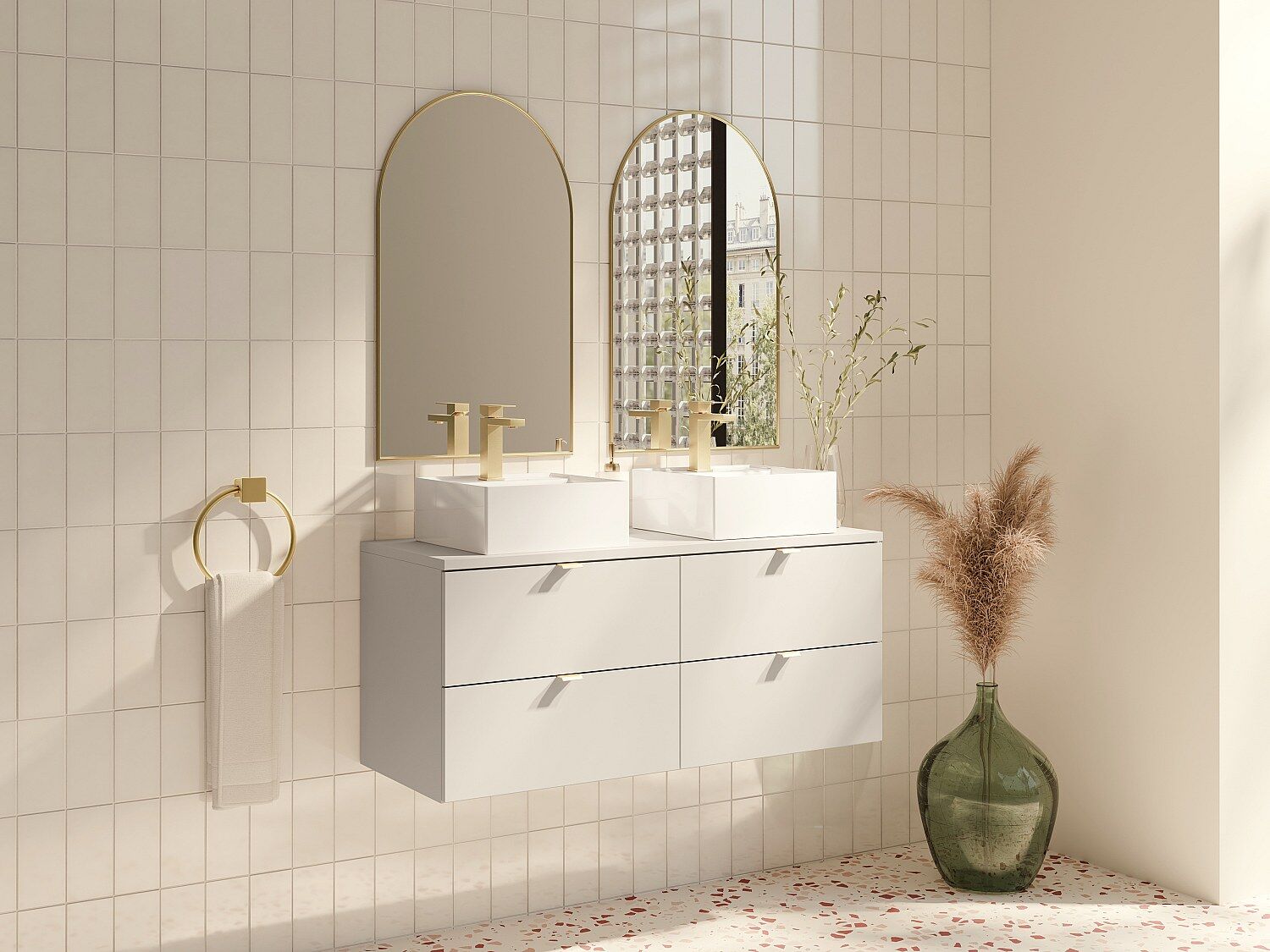 Unique Mueble de baño suspendido con lavabo sobre encimera cuadrado - Beige - 120 cm - LAVENA