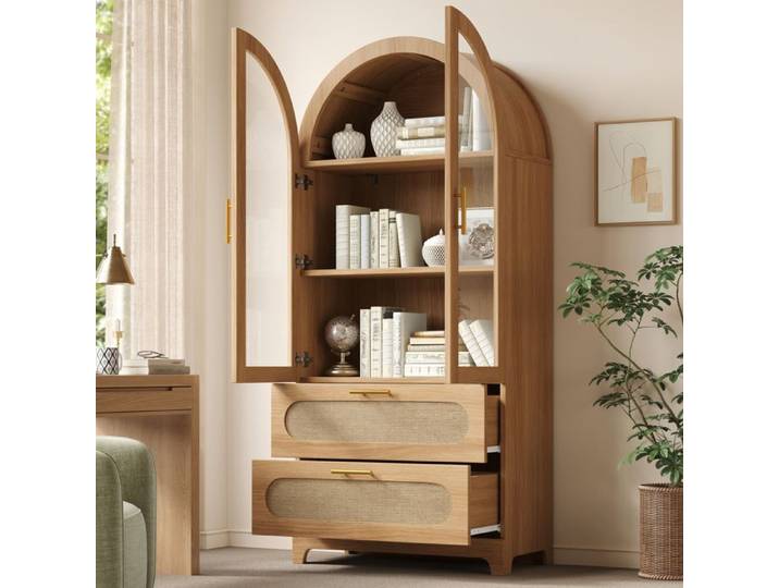Vitrine haute arche Montmartre 80 x 40 x 175 cm 2 portes vitrées 2 tiroirs MDF aspect bois
