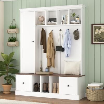 GDFStudio Elowen Wood Hall Tree with Shoe Storage Bench and Adjustable Cabinet