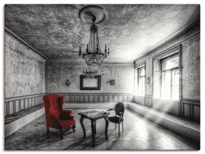 ARTLAND Wanddeko Leinwand Bilder Wandbild 60 x 45 cm Architektur Architektonische Elemente Foto Schwarz Weiß Lost Place - Roter Sessel T9SH
