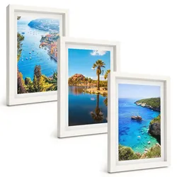 BILDER SET 3er Set - 20x30 cm Weißer Rahmen - Palmen am Meer, blaues Wasser