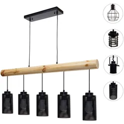 Pendelleuchte HWC-H83, Hängelampe Hängeleuchte, Industrial Vintage Massiv-Holz Metall schwarz ~ 5 Rohrlampenschirme