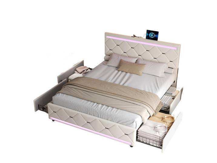 Shopentra Polsterbett 140x190 cm Beige LED USB 4 Schubladen, Metall, 140x190 cm, Schlafzimmer, Betten, Polsterbetten