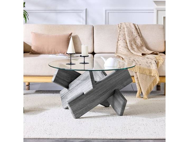 Table basse ronde SENVIRO en MDF et verre texture grise structure croisée 79x45cm gris transparent