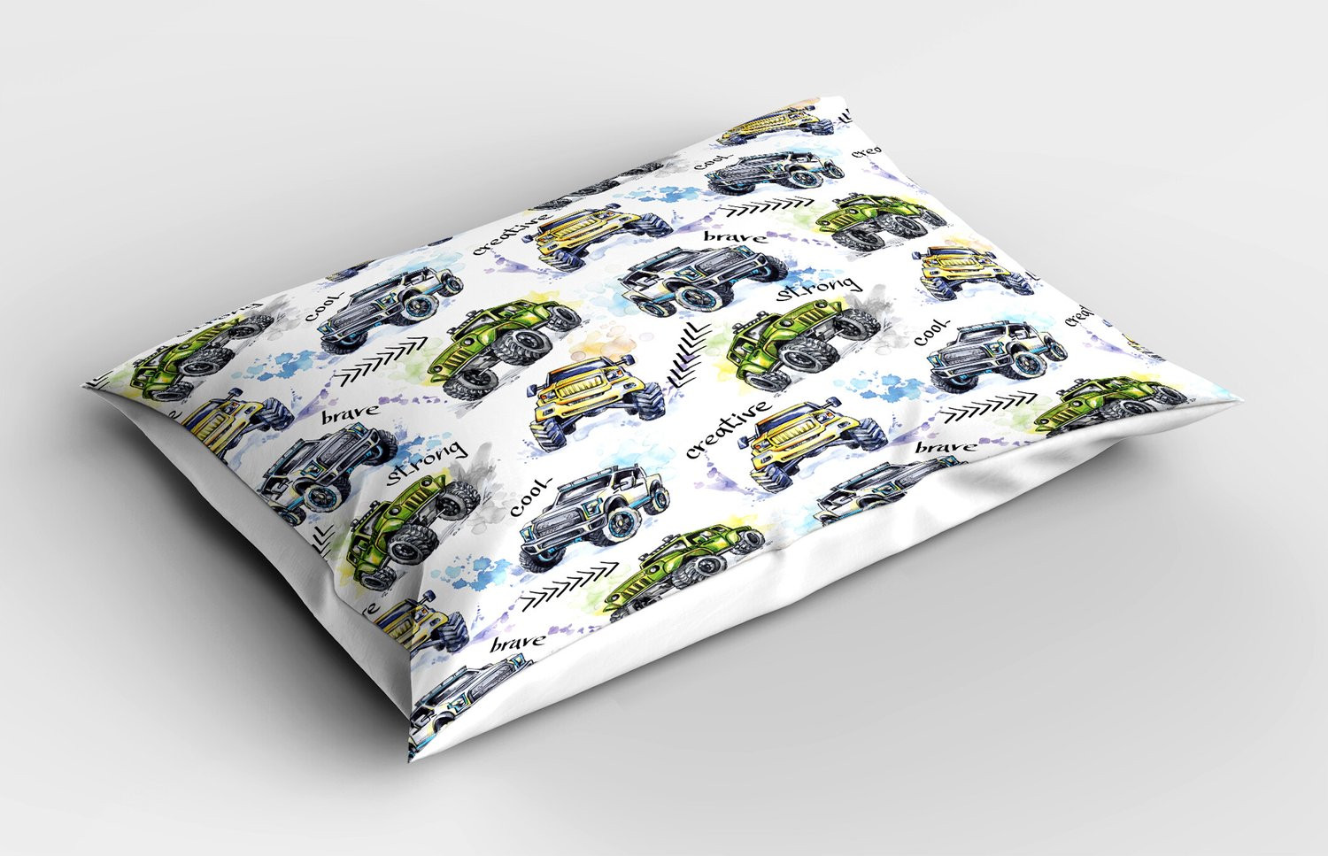 ABAKUHAUS Kussensloop met handgetekende waterverf monster trucks, Blauw Geel, 90 x 50 cm