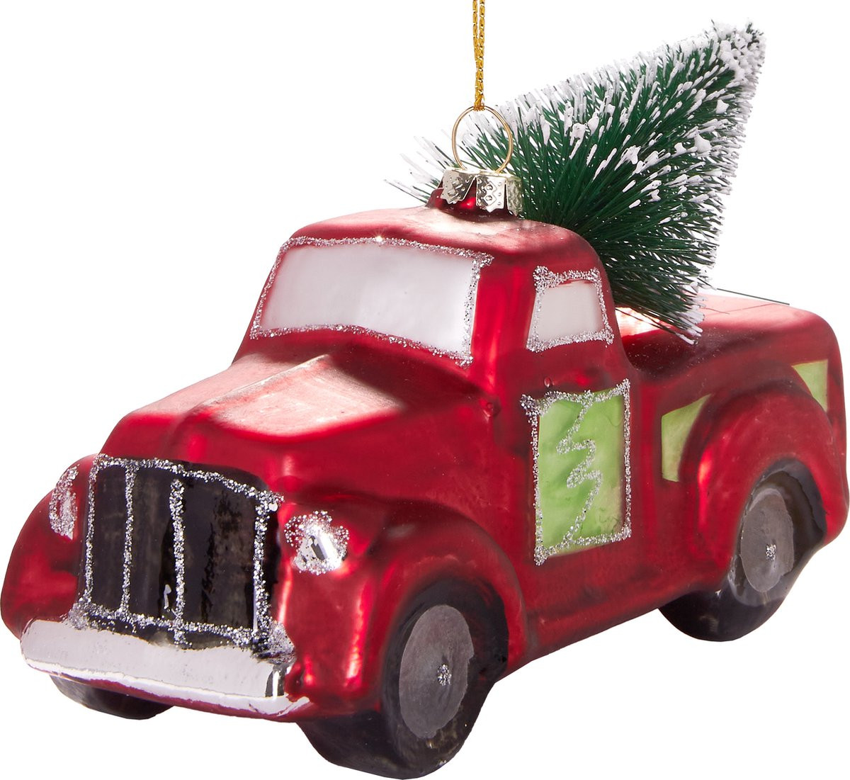 BRUBAKER Kerstversiering Pick-Up Truck met Rode Kerstboom - Handbeschilderde Glazen Kerstbal - Handgeblazen Kerstboomdecoratie - 14,2 cm