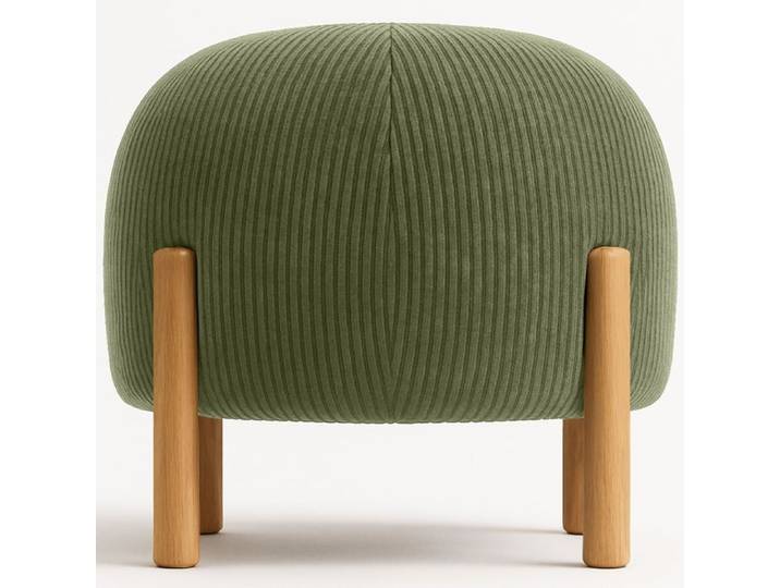 Pouf Rond Tapissé en Velours Côtelé avec Pieds en Bois Naturel - Merv Olive