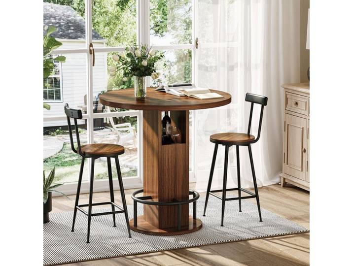 Ensemble table de bar et tabourets - FUNMOON - Funmoon - Table ronde 80 cm - 2 tabourets - Aspect noyer