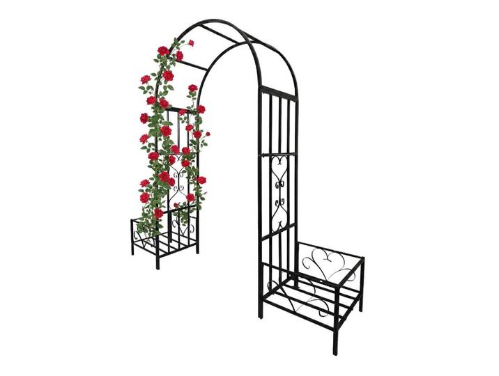 Relaxdays Rosenbogen Schwarz Metall mit Pflanzkästen 206 cm, 216x206x216 cm, Dekoration, Gartendeko