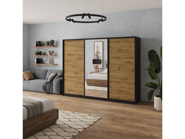 Masseno Schiebetürenschrank SORE 235/205/58cm 3-türig mit Spiegel Schwarz