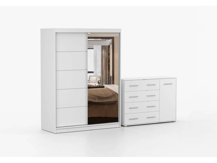 Schwebetürenschrank und Kommode 2-er Set VISTA 05/FRIDA 02 Weiß Weiß + Spiegel Ohne LED-Beleuchtung