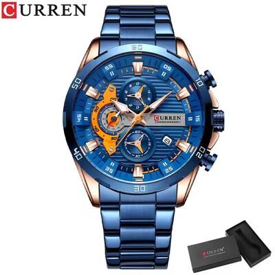 Quick Pick Pro CURREN Luminous Chronograph Men Stainless Steel Watch For Business & Casual Wear blue