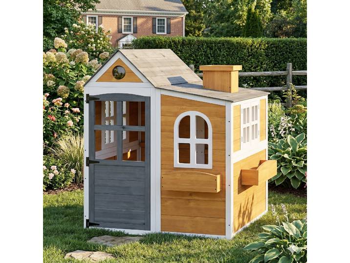 AIYAPLAY Cabane Enfant Bois Jaune avec Porte Fenêtres 3 Bacs