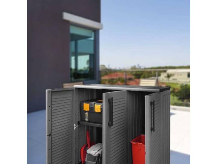 Gartenschrank Grau und Schwarz 102x37x84 cm PP Robustes PP-Material,Stabile Stahlschaniere,Einlegeboden fur verschiedene Grosen,Kompakte Bauweise,Terrasse und Garten